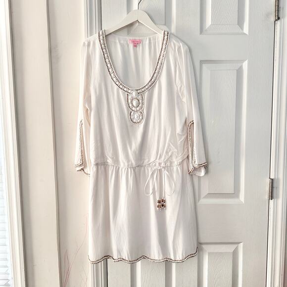 Lilly Pulitzer Dresses & Skirts - Lilly Pulitzer White Delisa Beaded Boho Beach Tunic Mini Dress Tie Waist Belt XL